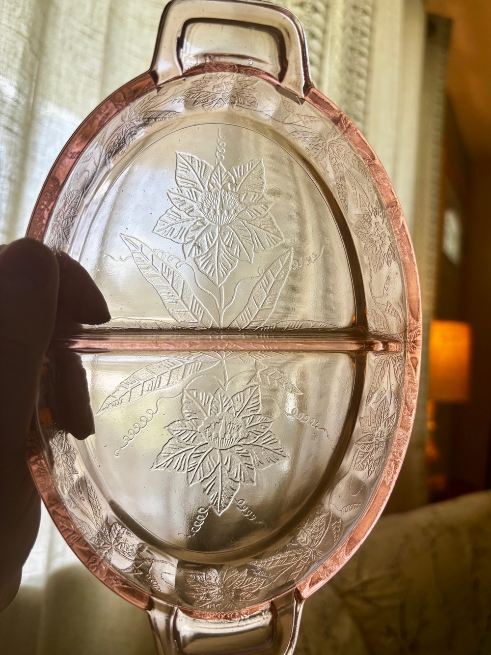 Vintage 1930’s Jeannette Glass Pink Floral Poinsettia Pattern Divided Dish